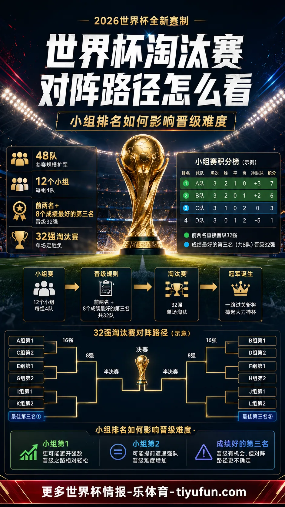 2026世界杯淘汰赛对阵路径怎么看：48队赛制下的小组排名如何改变晋级难度