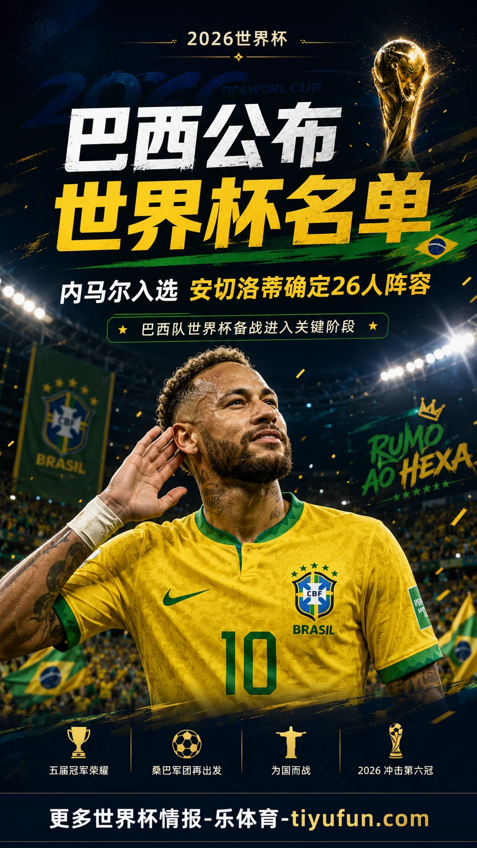 巴西公布2026世界杯名单：内马尔入选，安切洛蒂确定26人阵容