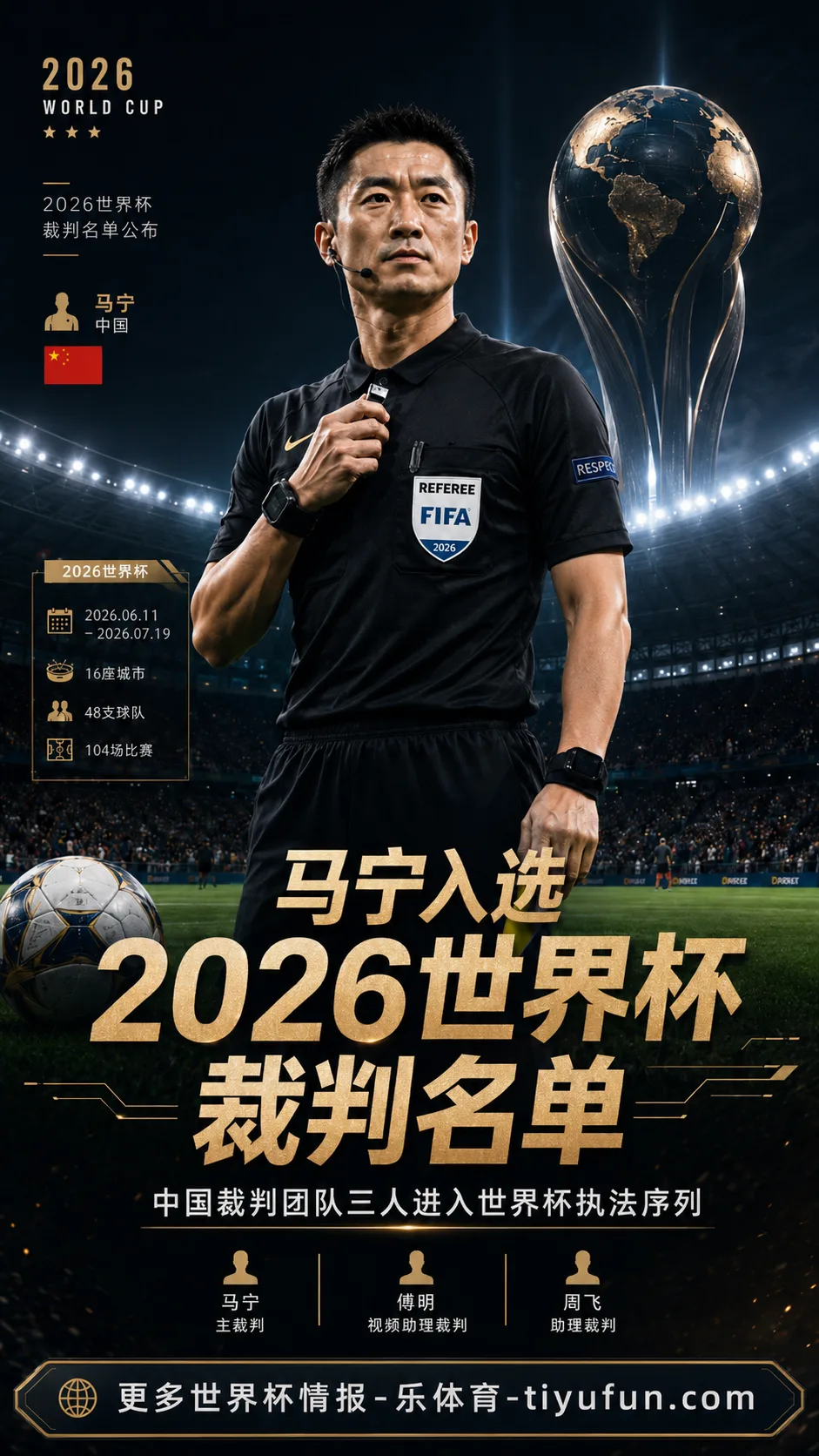 马宁以主裁身份入选2026世界杯裁判名单，中国裁判团队三人进入世界杯执法序列