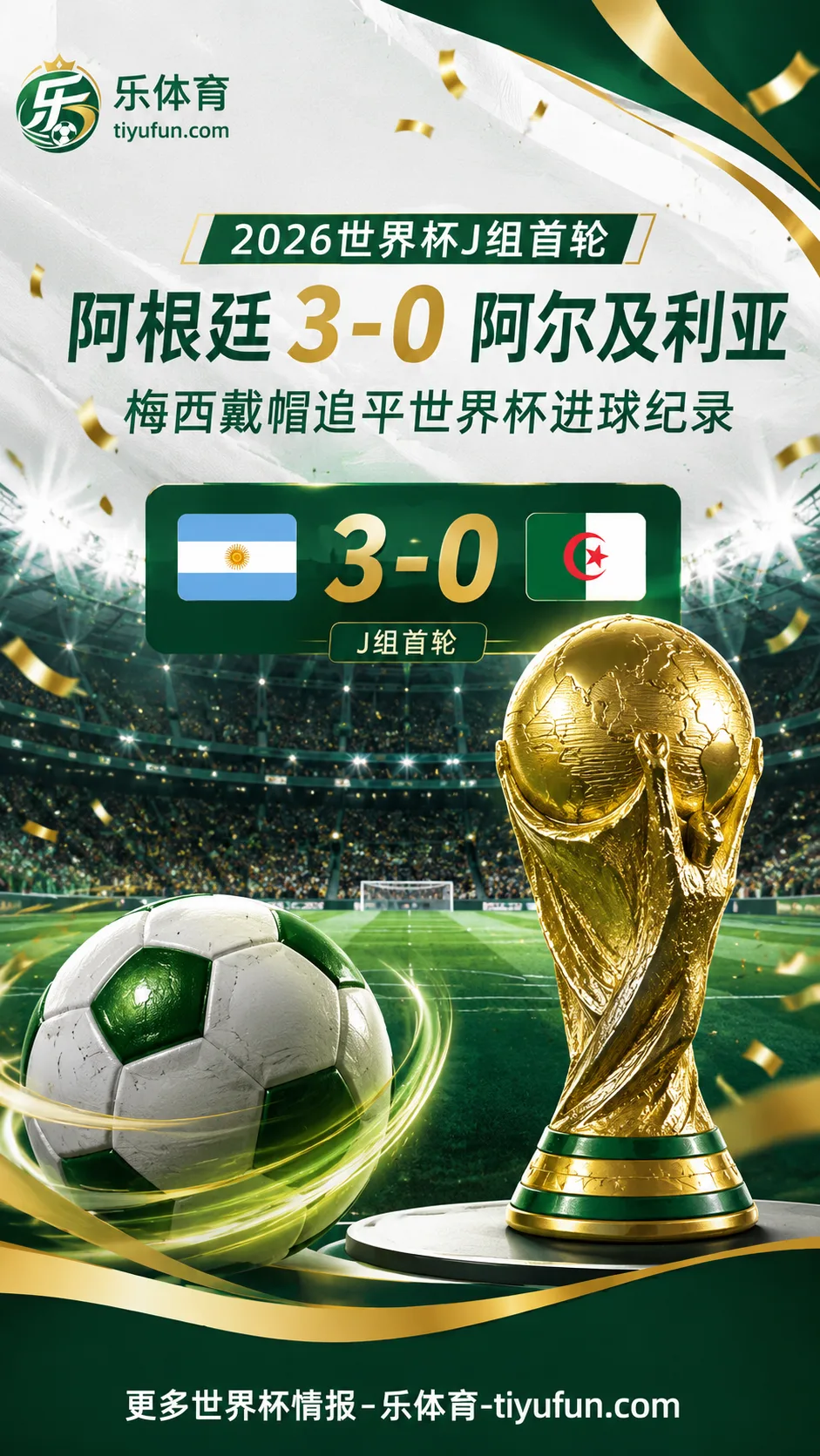 2026世界杯阿根廷3-0阿尔及利亚：梅西戴帽追平世界杯进球纪录