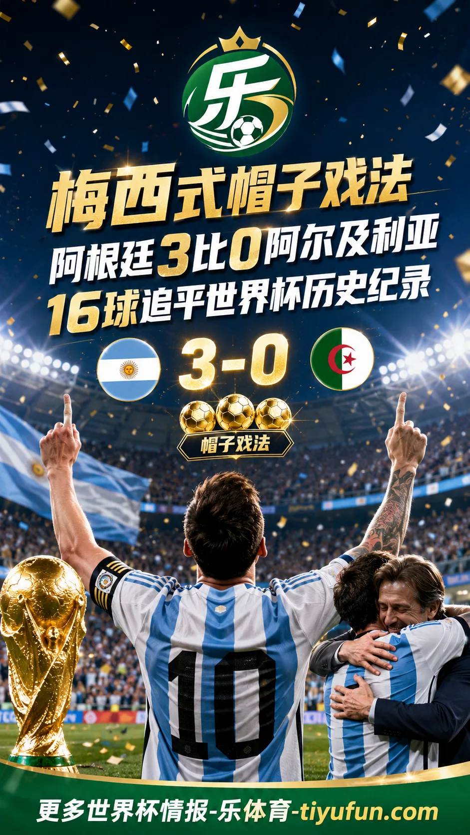 2026世界杯阿根廷3-0阿尔及利亚：梅西帽子戏法追平克洛泽，拥抱斯卡洛尼成赛后焦点