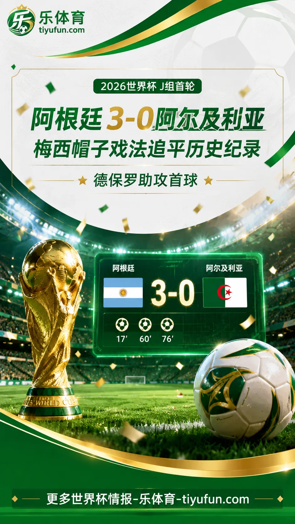 2026世界杯阿根廷3-0阿尔及利亚：德保罗助攻梅西戴帽追平历史纪录
