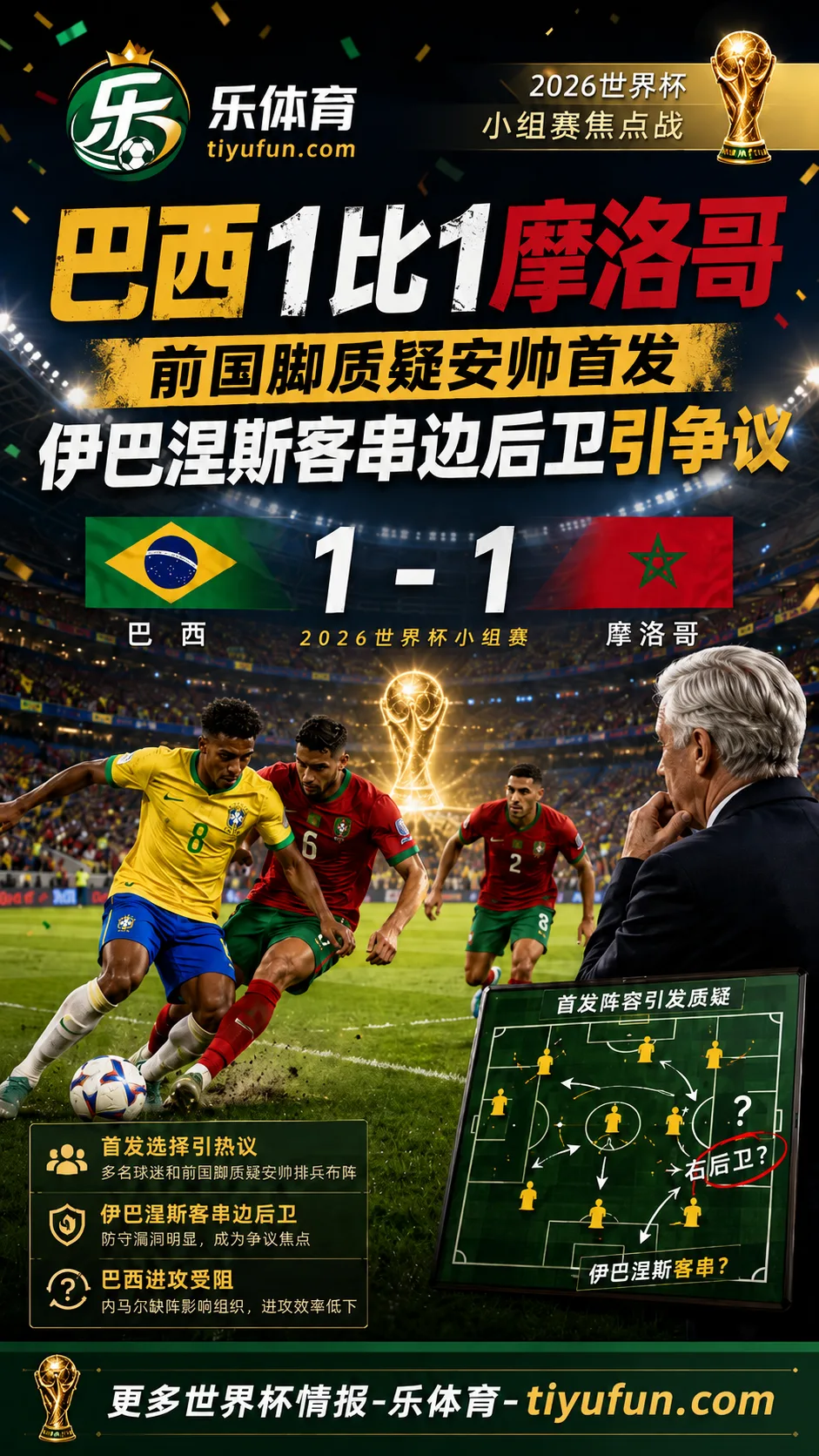 2026世界杯巴西1-1摩洛哥：费利佩·梅洛质疑安切洛蒂首发，伊巴涅斯右后卫安排引争议