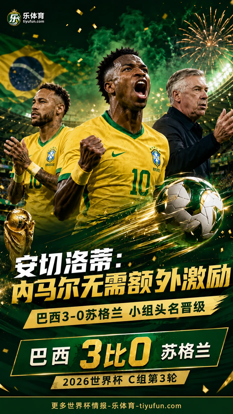 2026世界杯巴西队3-0苏格兰后安切洛蒂谈内马尔复出，淘汰赛首发仍待观察