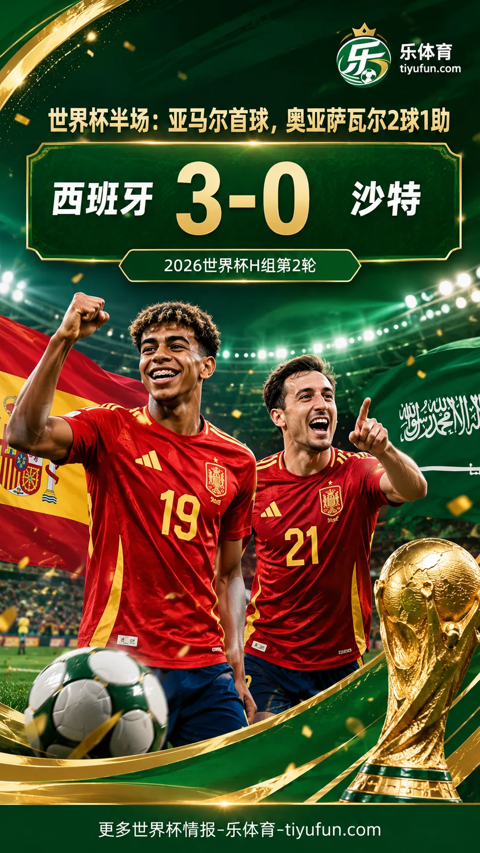 2026世界杯半场：亚马尔首球，奥亚萨瓦尔2球1助，西班牙3-0沙特