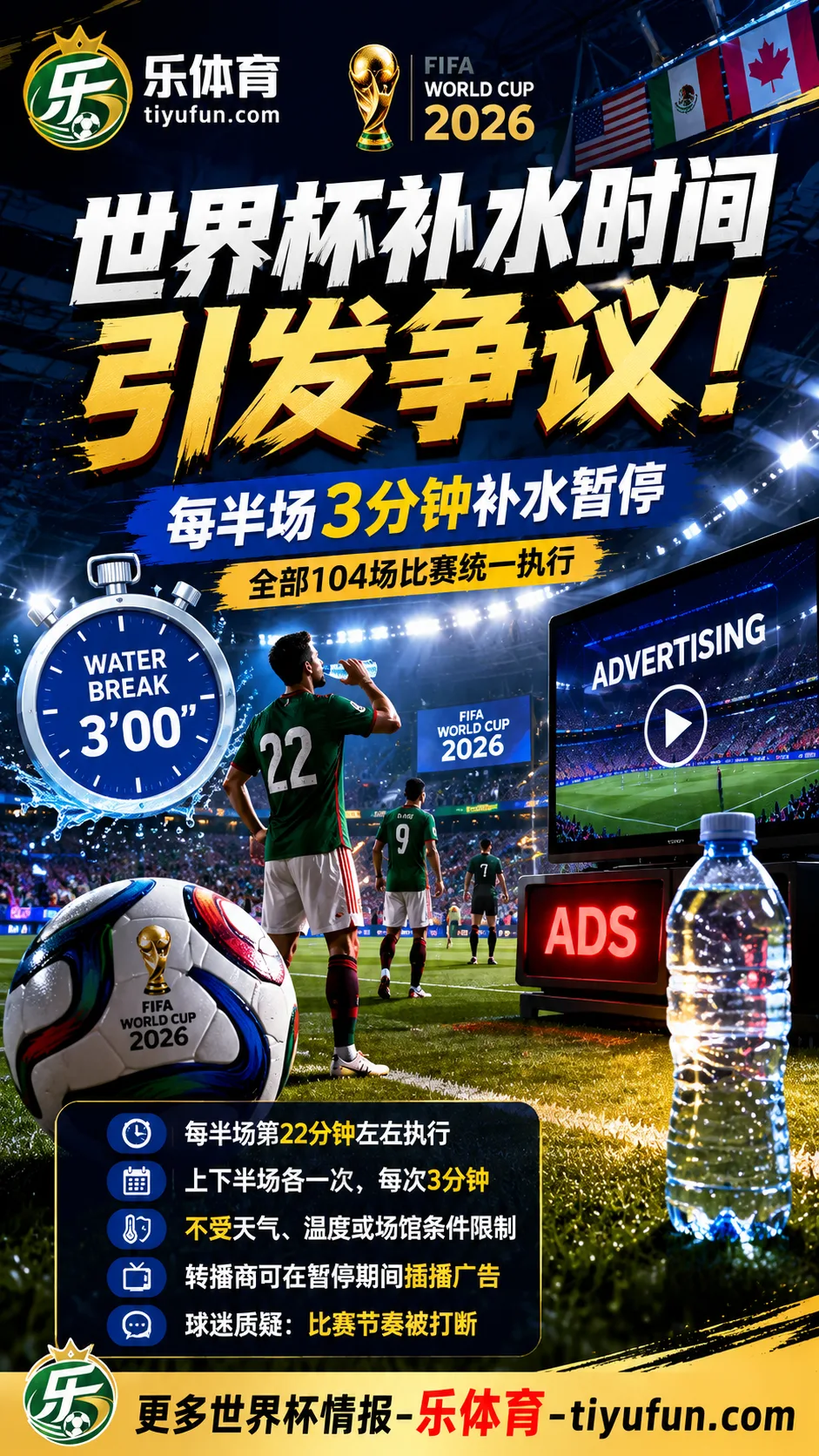 2026世界杯补水时间引争议：每半场3分钟暂停，转播广告成焦点