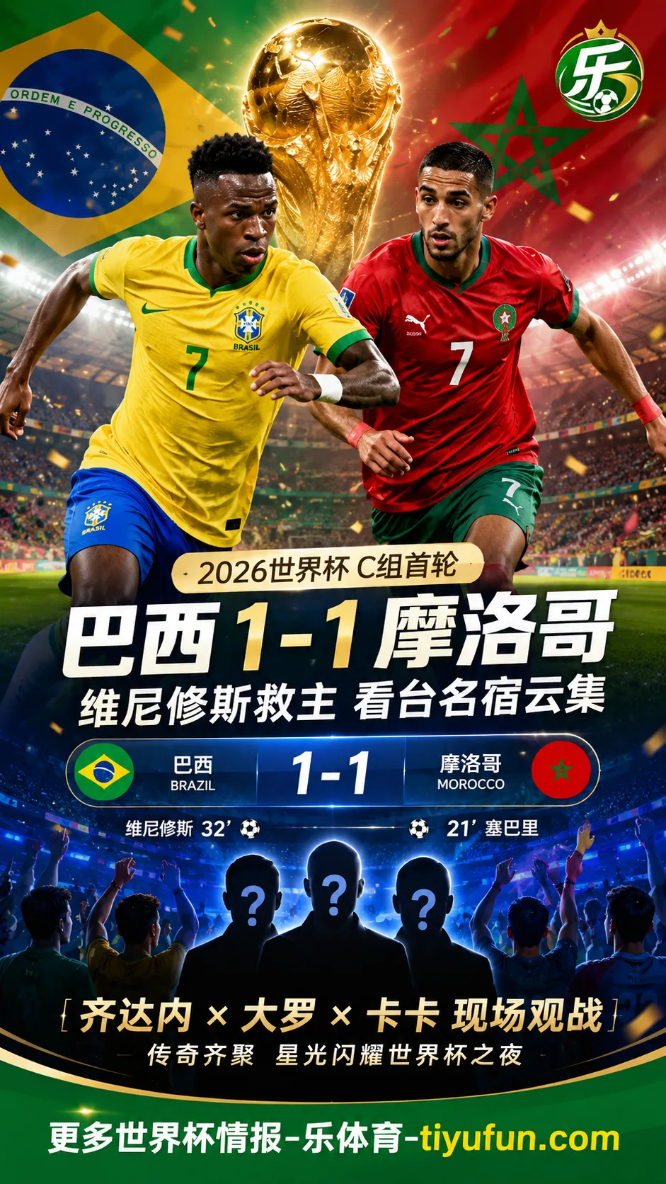 2026世界杯C组首轮：巴西1-1摩洛哥，齐达内大罗卡卡现场观战