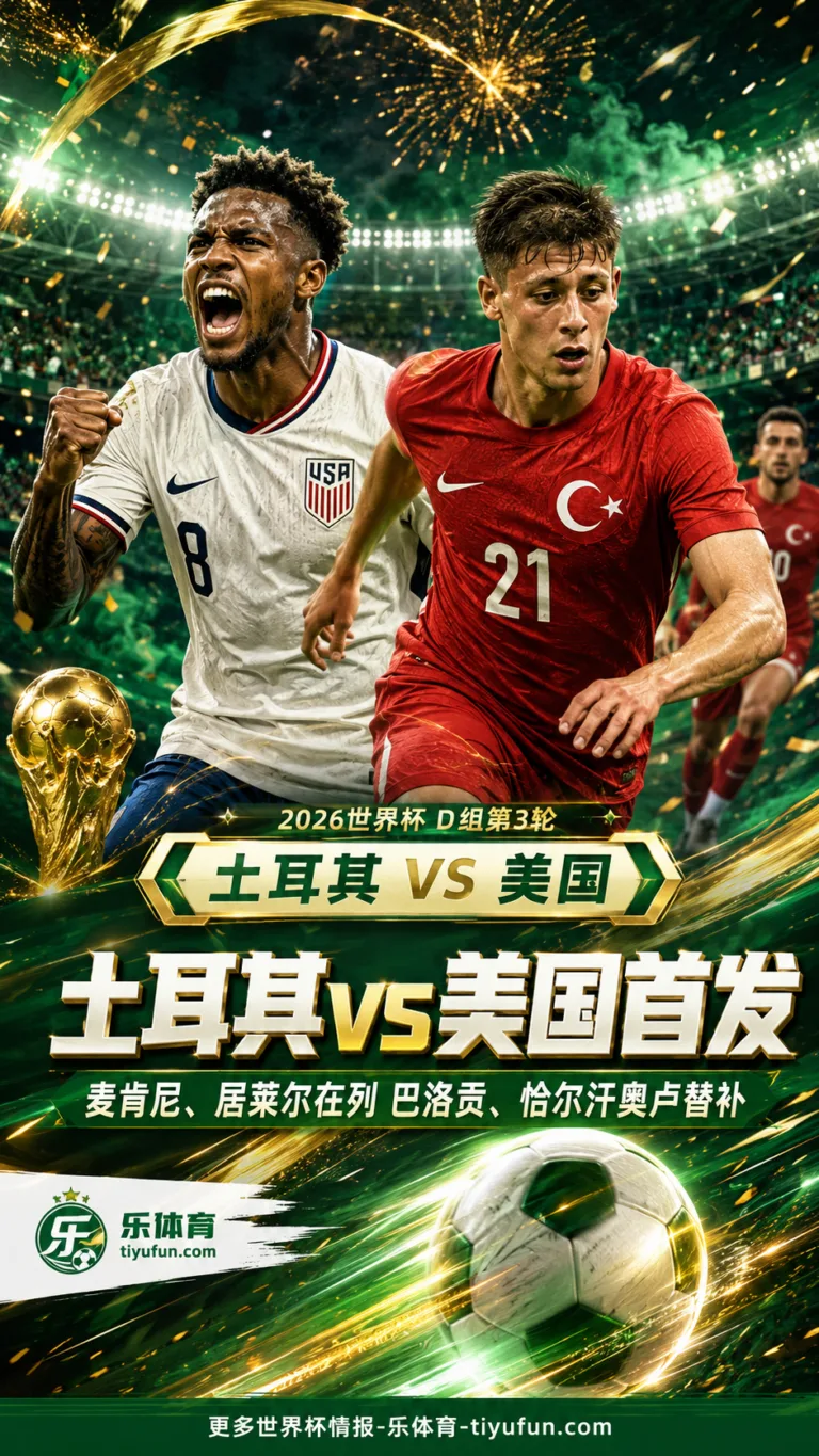 2026世界杯D组土耳其vs美国首发：麦肯尼居莱尔在列，巴洛贡恰尔汗奥卢替补