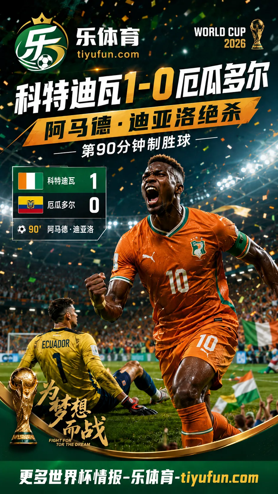 2026世界杯E组：阿马德第90分钟绝杀，科特迪瓦1-0厄瓜多尔