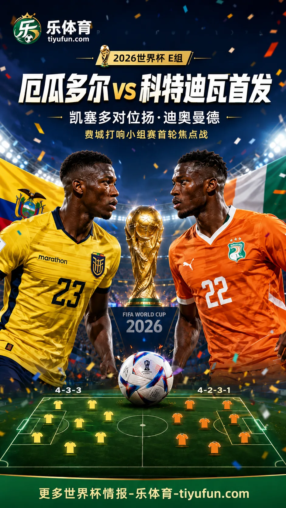 2026世界杯E组首发：厄瓜多尔vs科特迪瓦，凯塞多对位扬·迪奥曼德