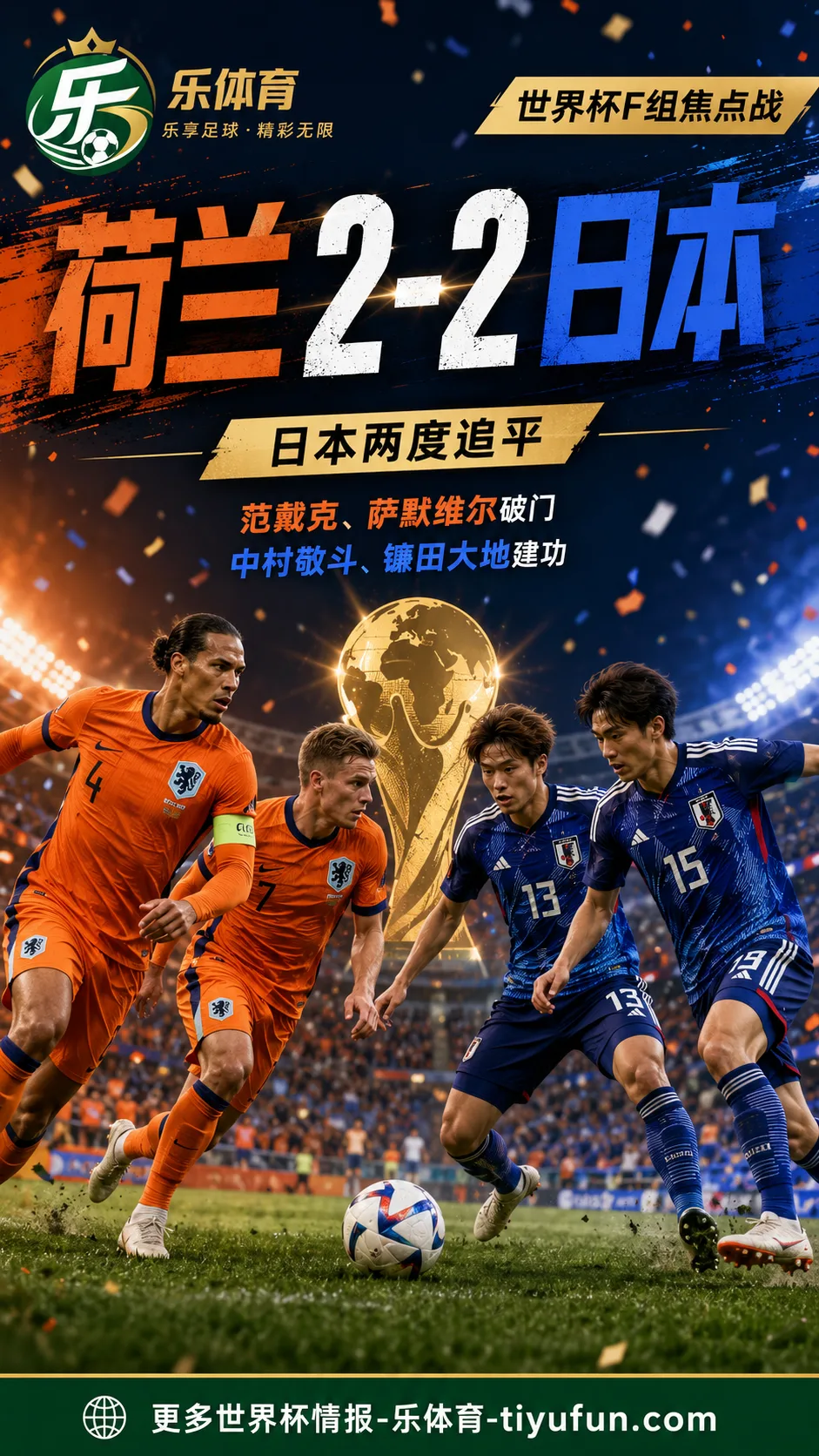 2026世界杯F组荷兰2-2日本：范戴克破门，镰田大地89分钟绝平