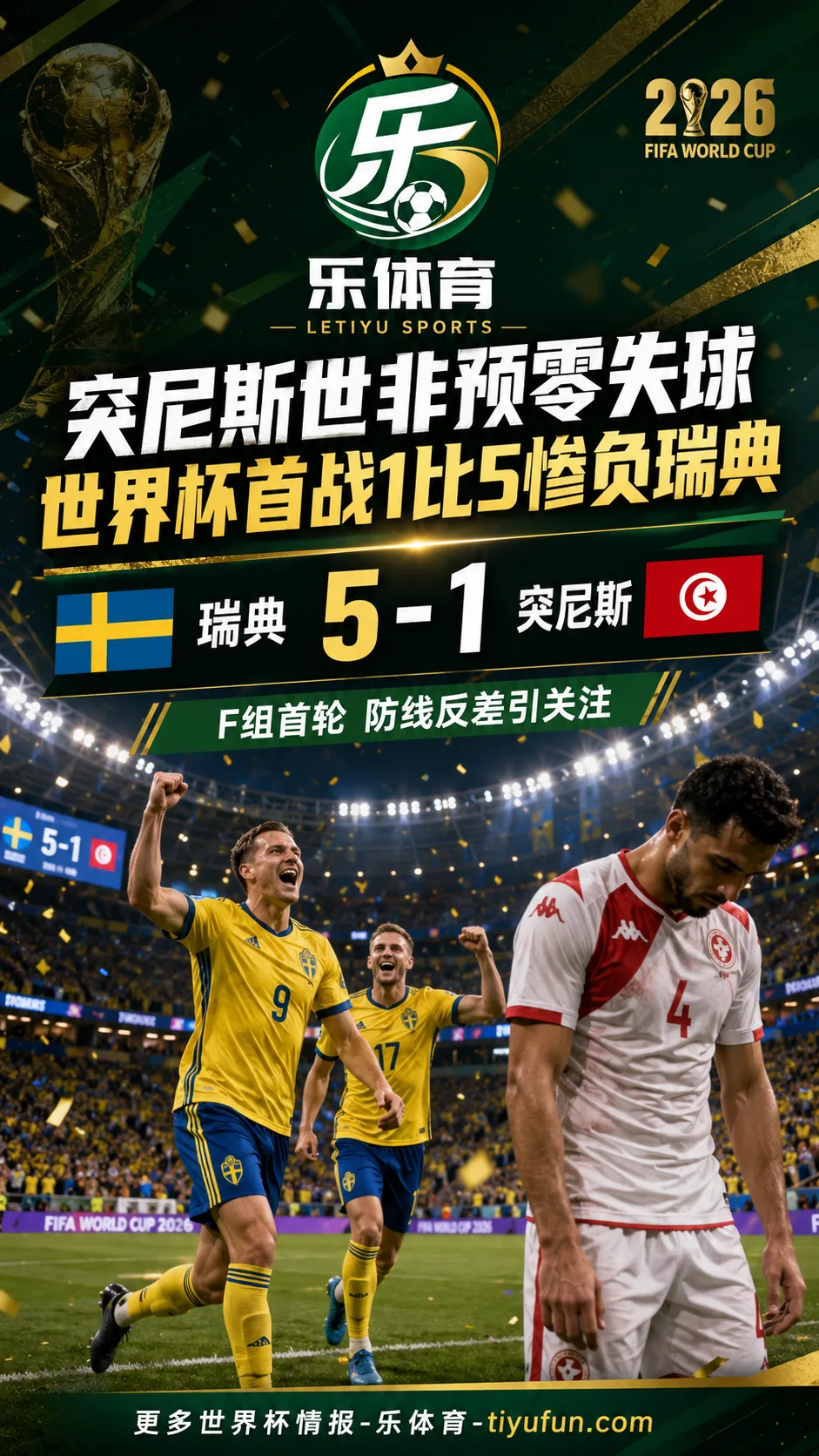 2026世界杯F组：突尼斯1-5瑞典，世非预零失球后近3场丢11球