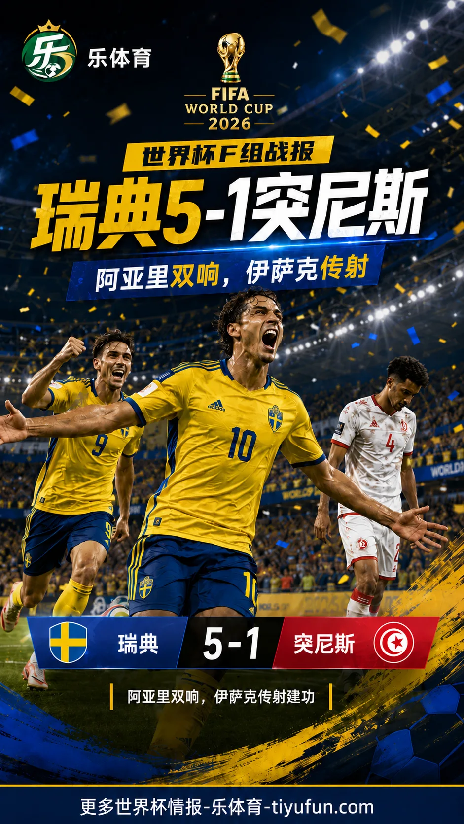 2026世界杯F组战报：阿亚里双响伊萨克传射，瑞典5-1突尼斯