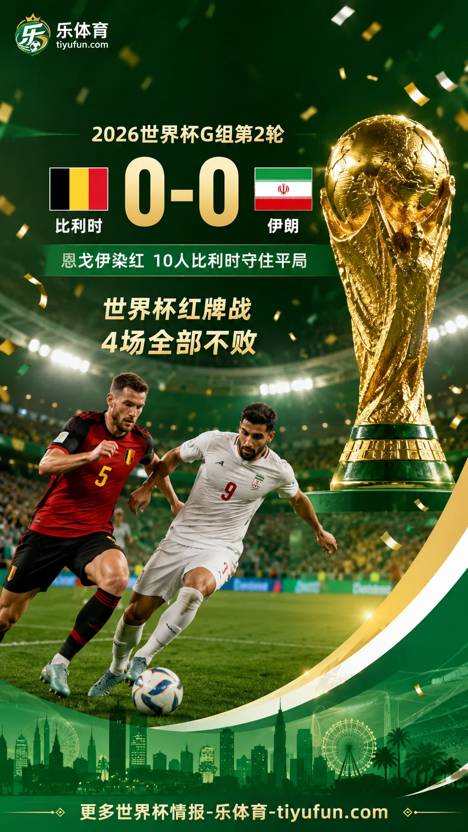2026世界杯G组：10人比利时0-0伊朗，红牌战4场不败