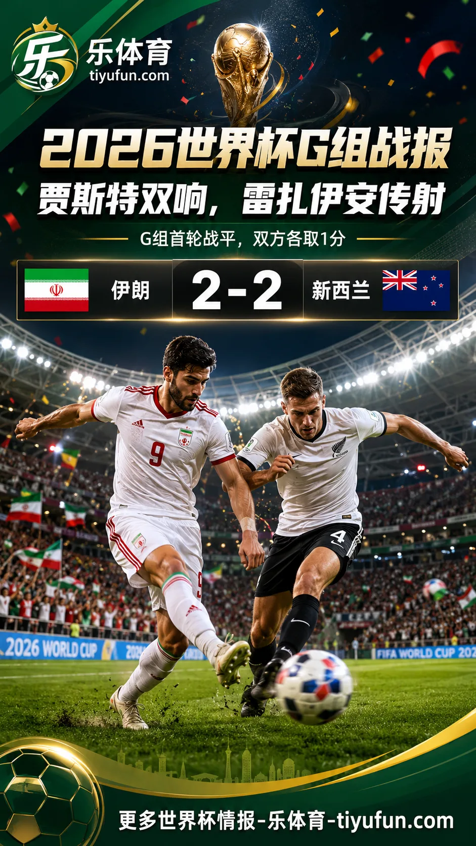 2026世界杯G组战报：贾斯特双响，伊朗队2-2战平新西兰队