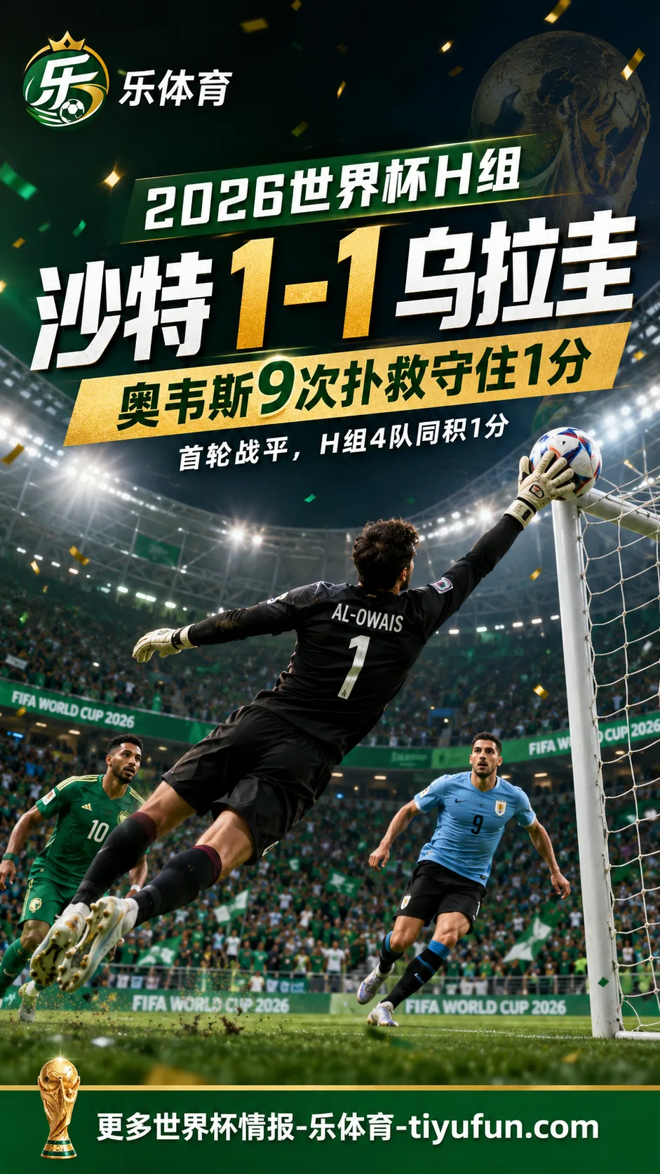 2026世界杯H组:奥韦斯9次扑救守住1分,沙特1-1战平乌拉圭