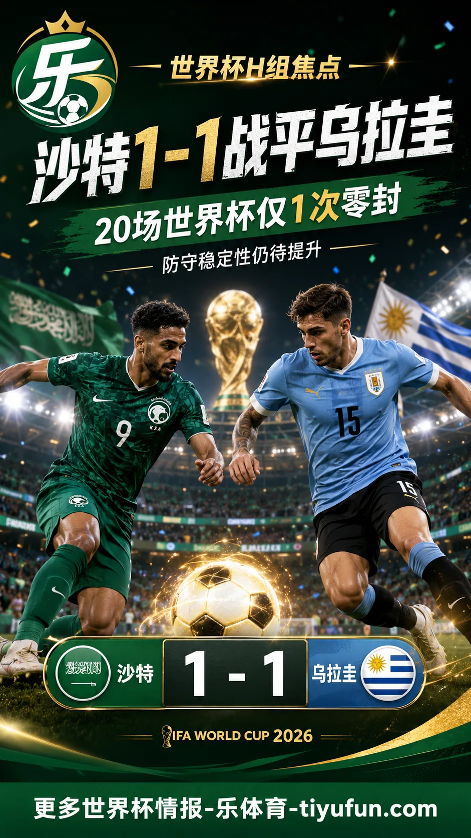 2026世界杯H组：沙特1-1战平乌拉圭，20场仅1次零封延续防守隐忧