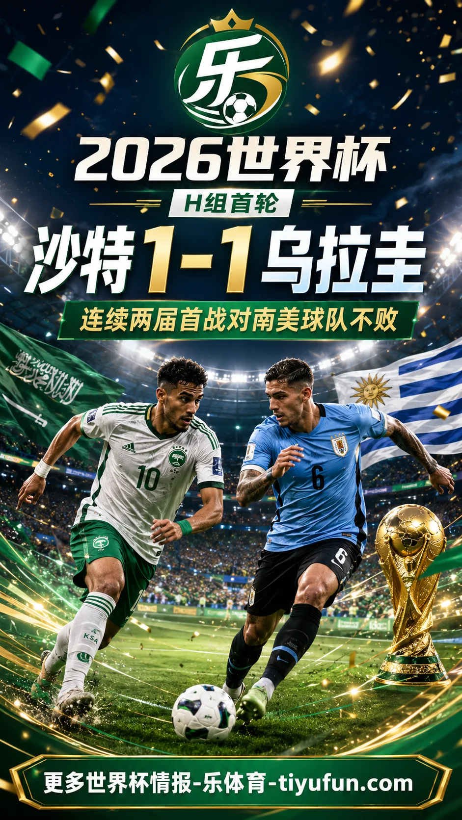 2026世界杯H组：沙特1-1战平乌拉圭，连续两届首战对南美球队不败