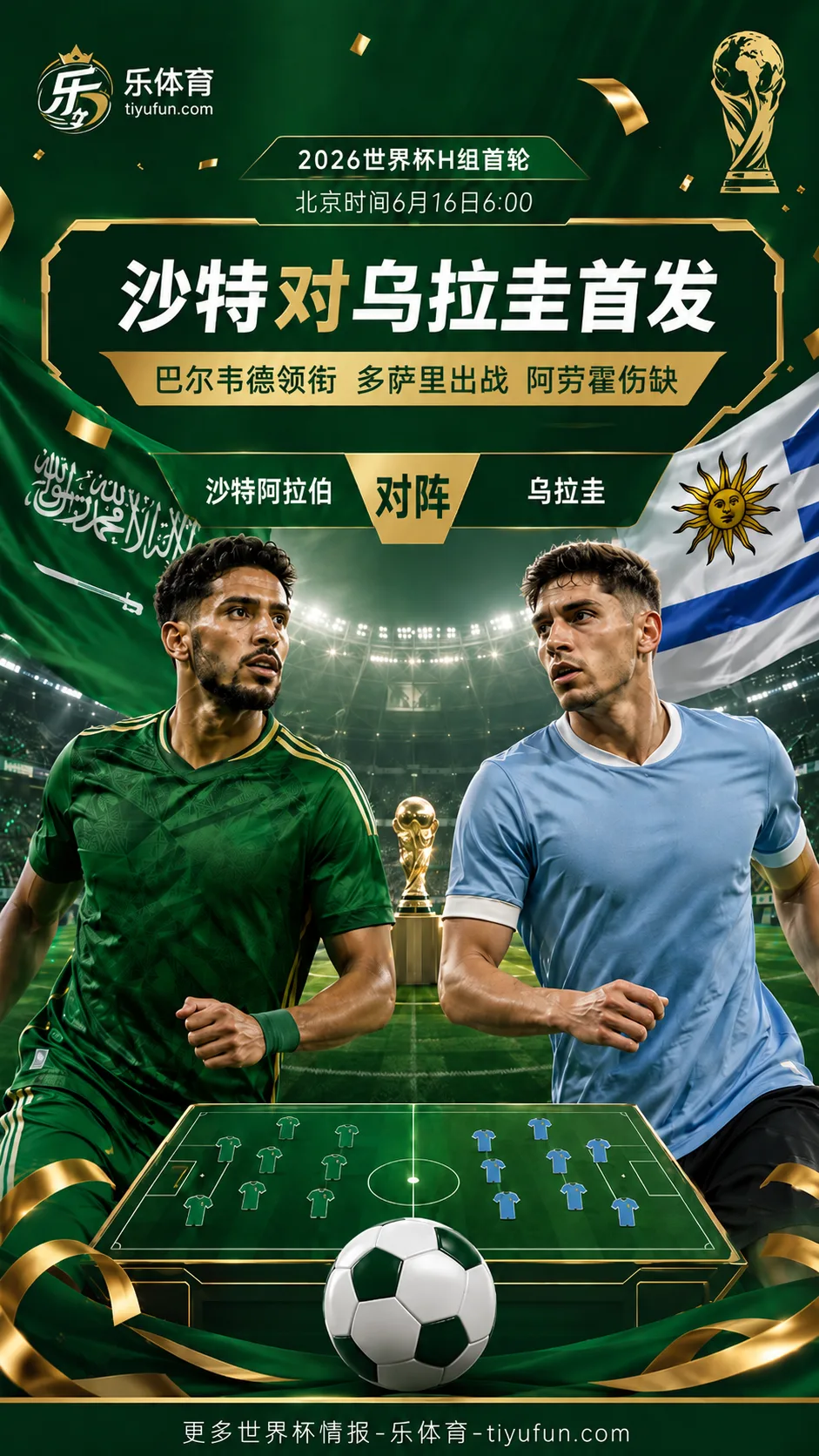 2026世界杯H组首发：沙特vs乌拉圭，巴尔韦德领衔多萨里出战