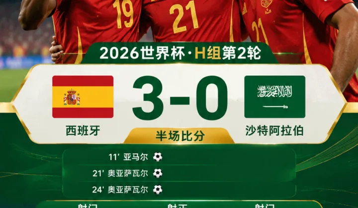 2026世界杯H组：西班牙半场3-0沙特，17脚射门压制对手