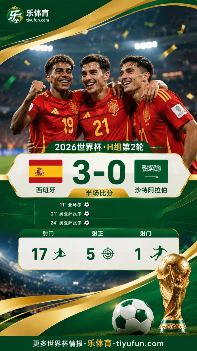 2026世界杯H组：西班牙半场3-0沙特，17脚射门压制对手