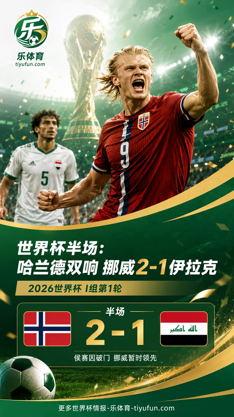 2026世界杯I组半场：哈兰德首秀双响，挪威2-1领先伊拉克