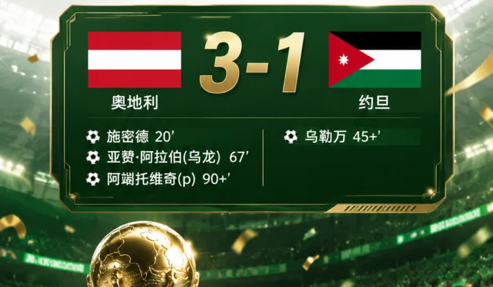 2026世界杯J组：奥地利3-1约旦，施密德破门延续不莱梅巧合