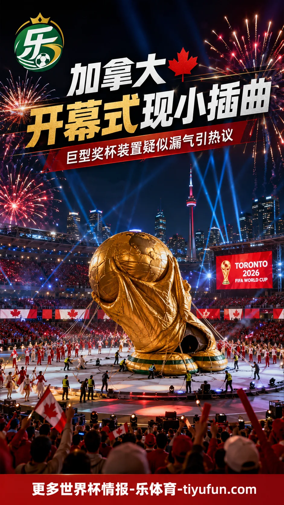 2026世界杯加拿大开幕式现小插曲：巨型大力神杯装置疑似漏气引球迷吐槽