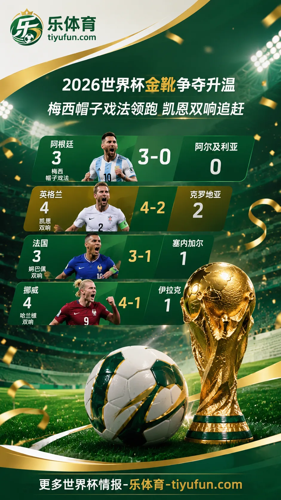 2026世界杯金靴争夺升温：梅西帽子戏法领跑，凯恩双响追赶