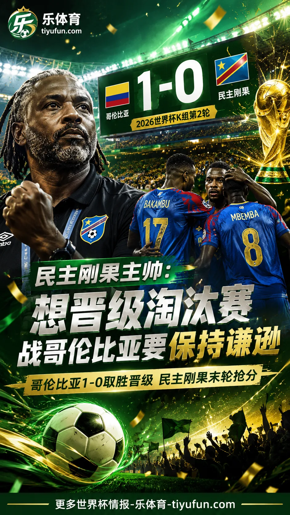 2026世界杯K组：民主刚果主帅赛前称想晋级淘汰赛，不敌哥伦比亚后末轮抢分