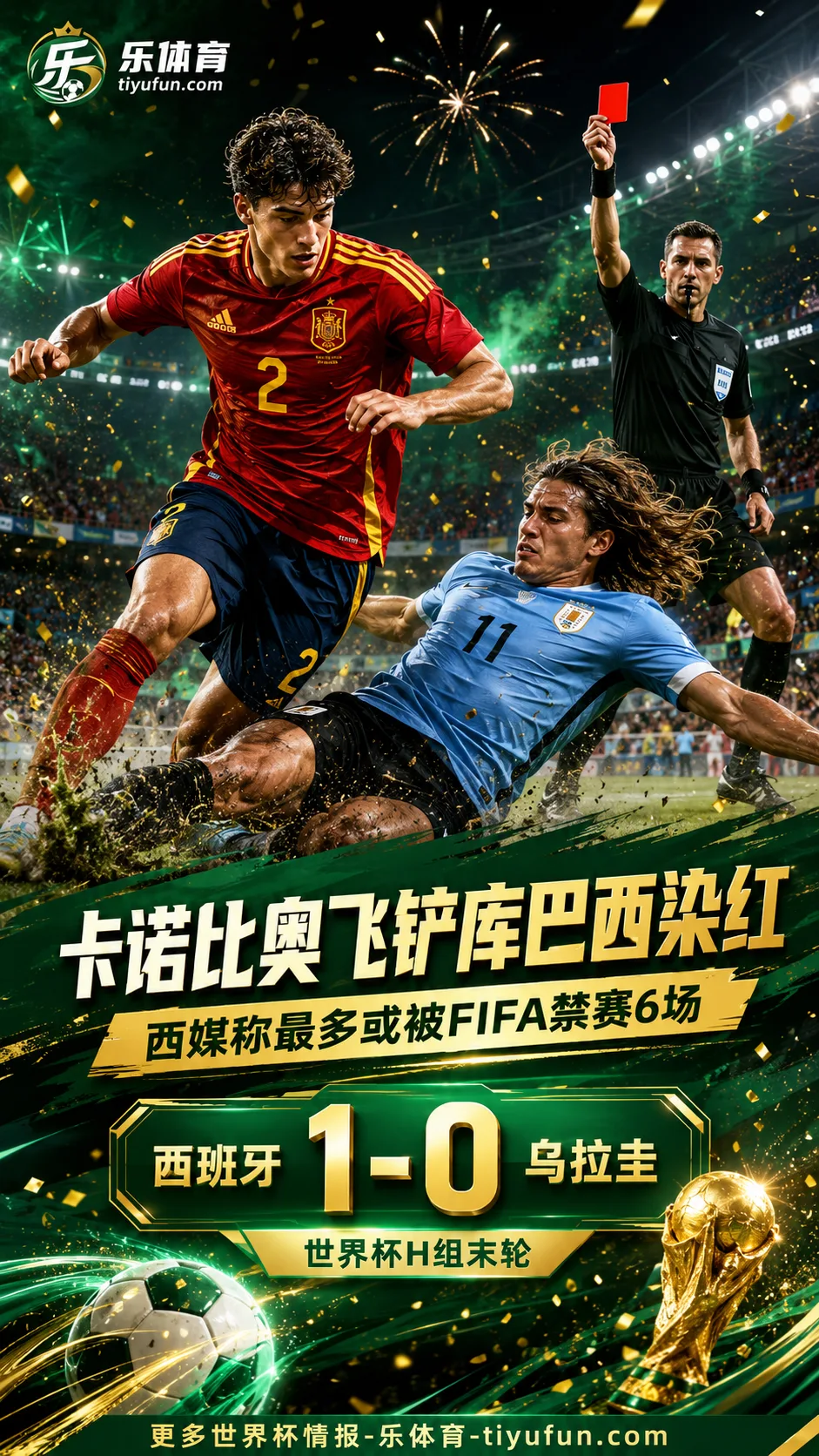 2026世界杯：卡诺比奥飞铲库巴西染红，西媒称最多或被FIFA禁赛6场