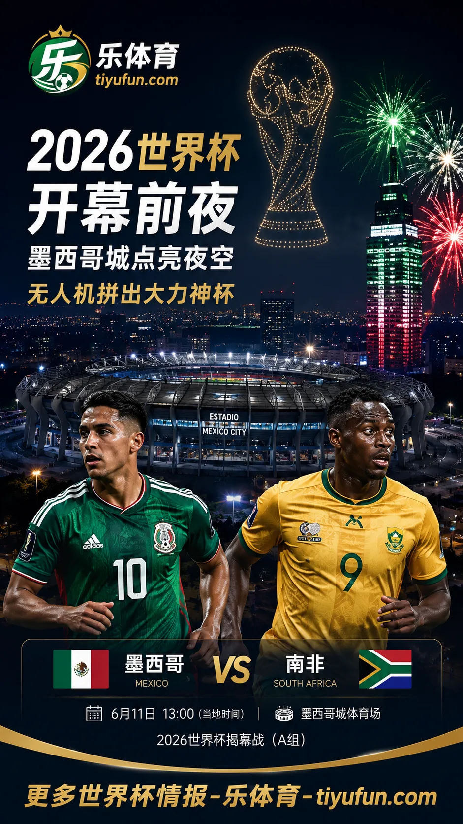2026世界杯开幕前夜墨西哥城点亮夜空 无人机拼出大力神杯