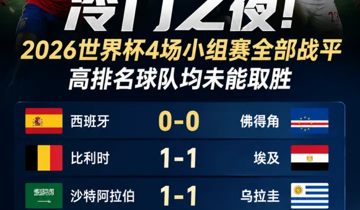 2026世界杯冷门之夜：4场小组赛全平，西班牙队比利时队等高排名球队均未赢球