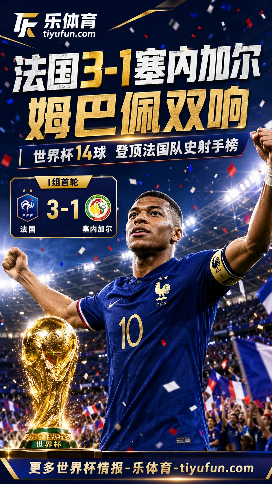 2026世界杯：姆巴佩梅开二度，法国队3-1塞内加尔迎开门红