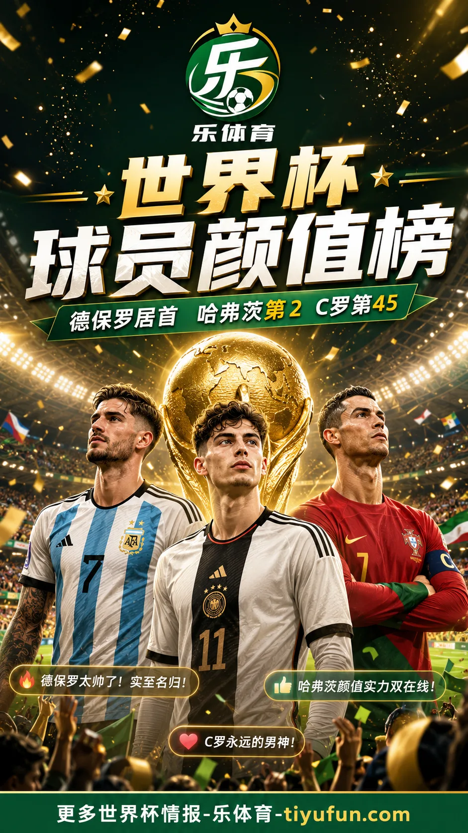 2026世界杯球员颜值排名出炉：德保罗力压哈弗茨，C罗第45
