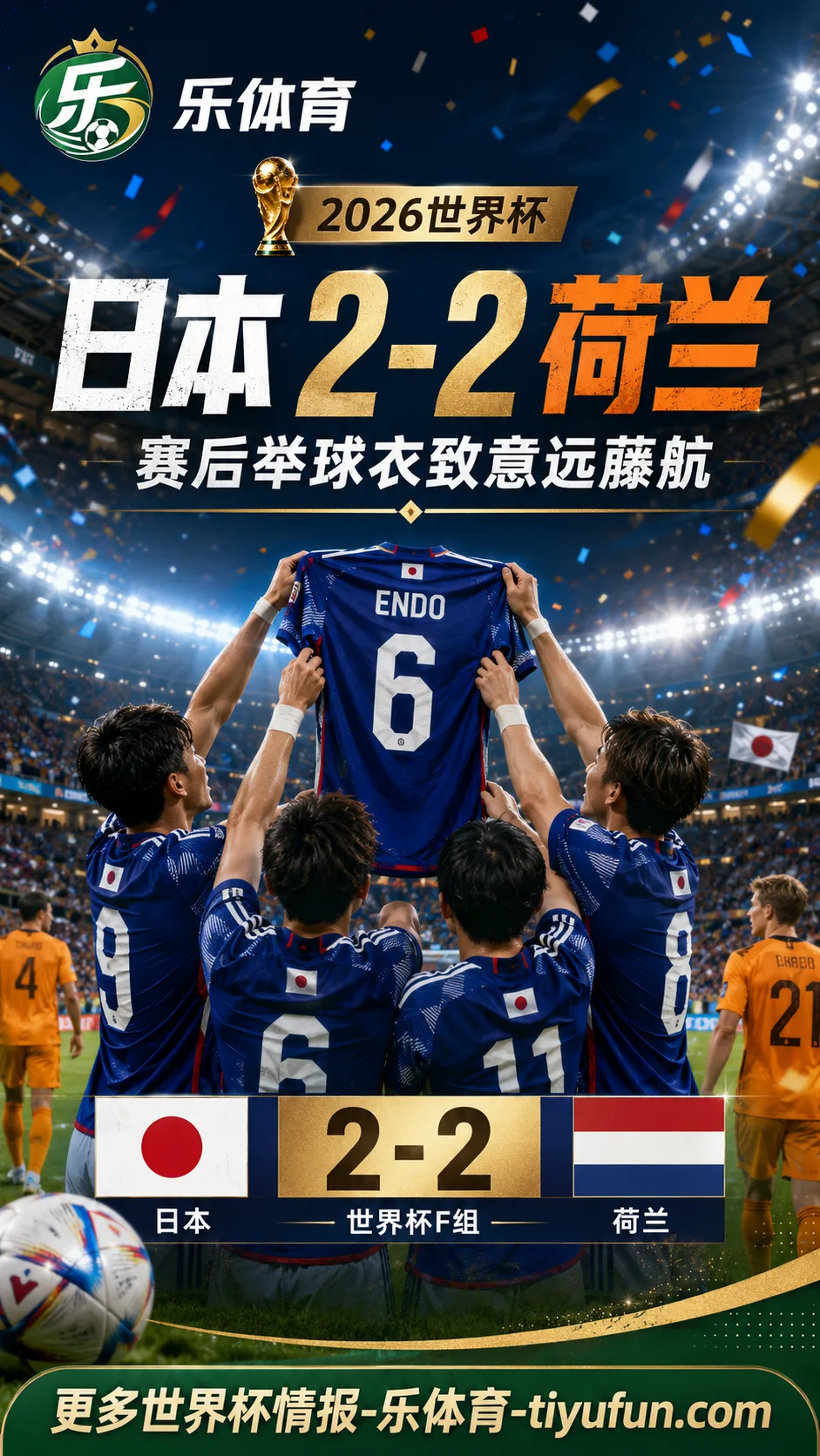 2026世界杯日本队2-2荷兰后展示远藤航球衣，伤退队长仍是球队精神符号