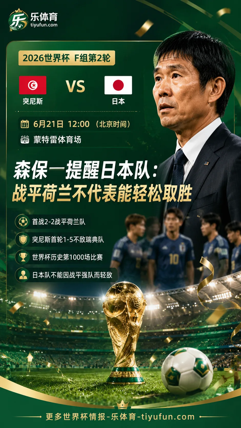 2026世界杯日本队迎战突尼斯，森保一提醒：战平荷兰不代表能轻松取胜