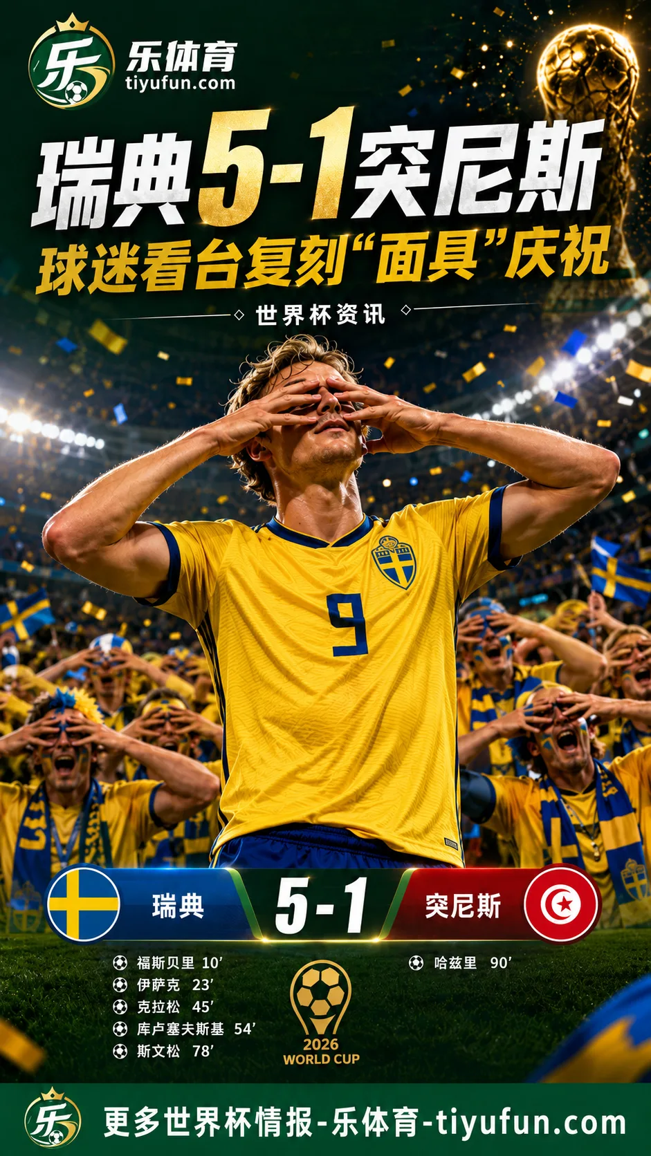 2026世界杯瑞典5-1突尼斯：哲凯赖什破门后球迷复刻“面具”庆祝