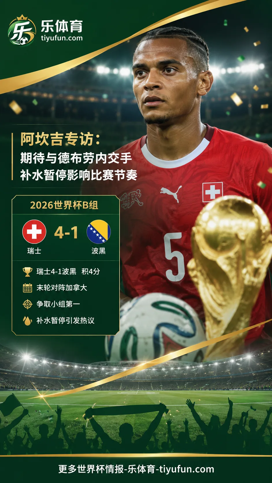 2026世界杯瑞士队动态：阿坎吉期待与德布劳内交手，称补水暂停影响比赛节奏