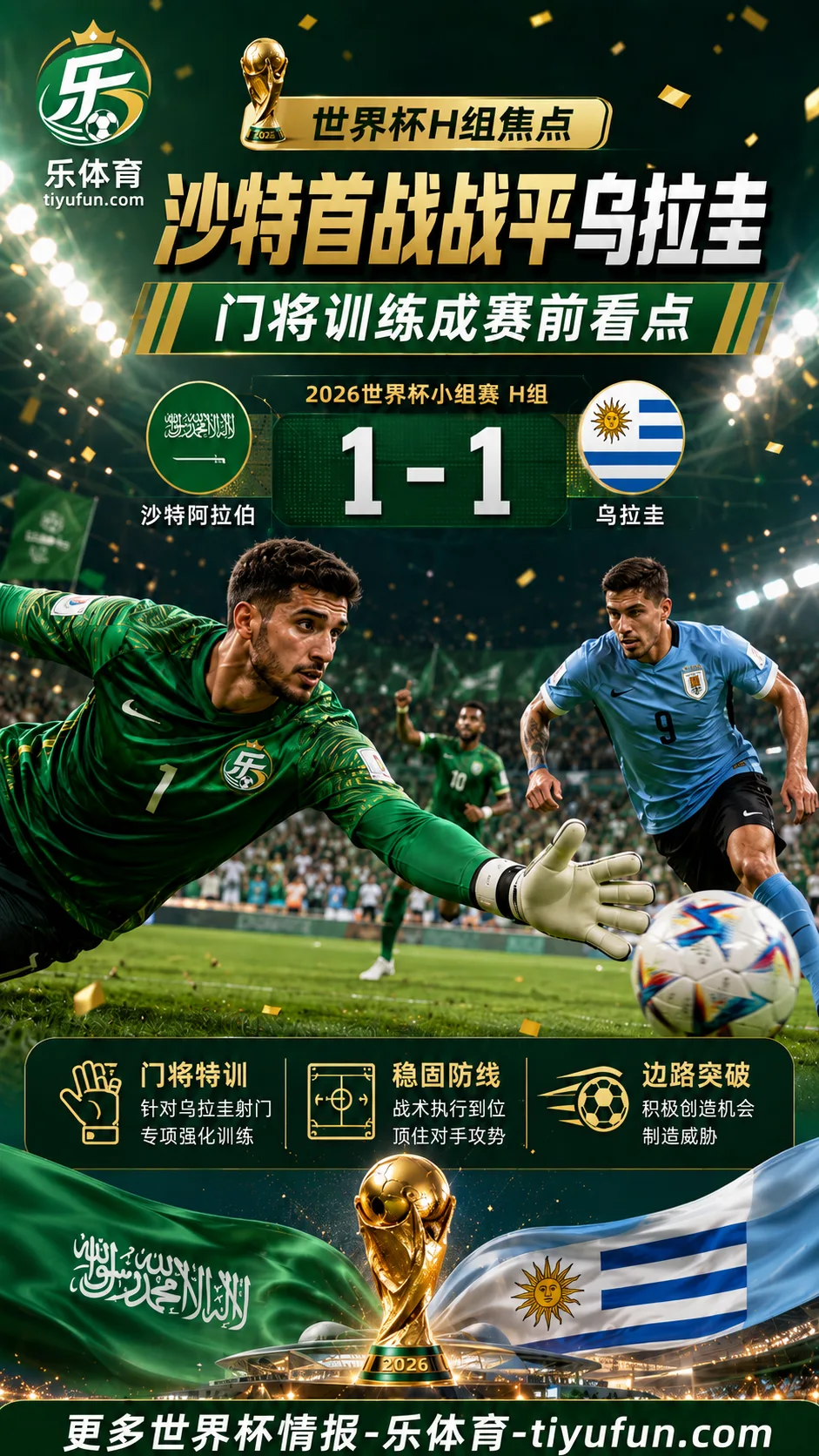 2026世界杯｜沙特队首战乌拉圭前强化门将训练，H组1-1平局留下备战注脚