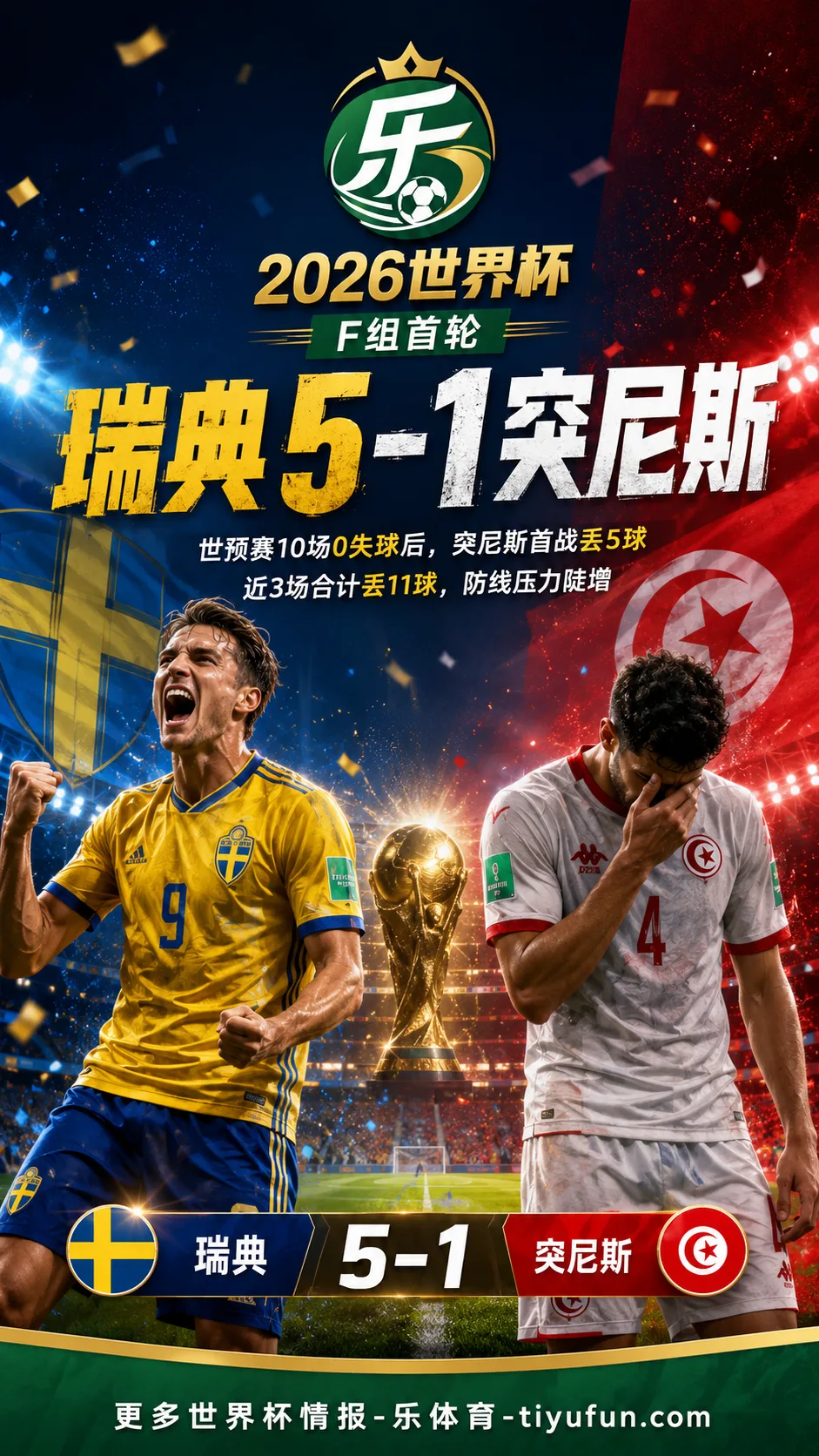 2026世界杯:突尼斯1-5惨败瑞典,世预赛0失球防线首战被打穿