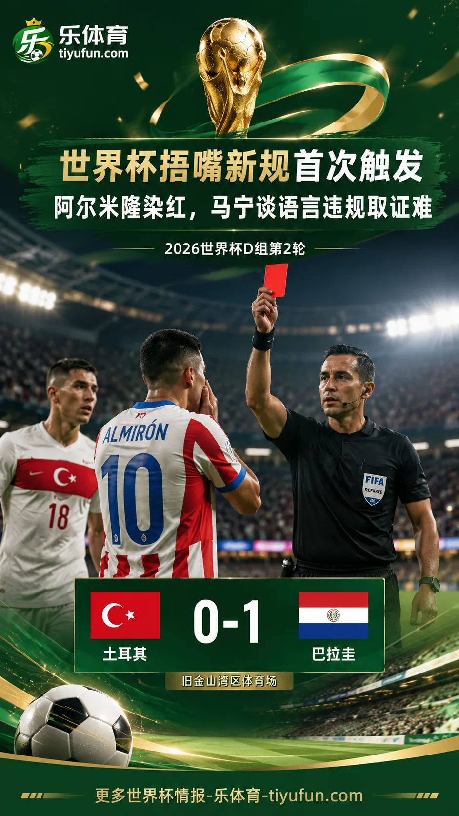 2026世界杯捂嘴新规首次触发：阿尔米隆染红，马宁谈语言违规取证难