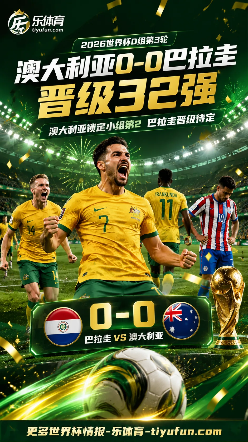 2026世界杯战报：澳大利亚0-0巴拉圭晋级32强，D组末轮再现白卷