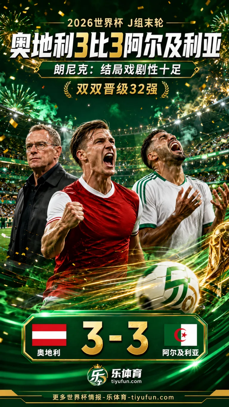 2026世界杯战报：奥地利3-3阿尔及利亚，朗尼克称结局戏剧性十足