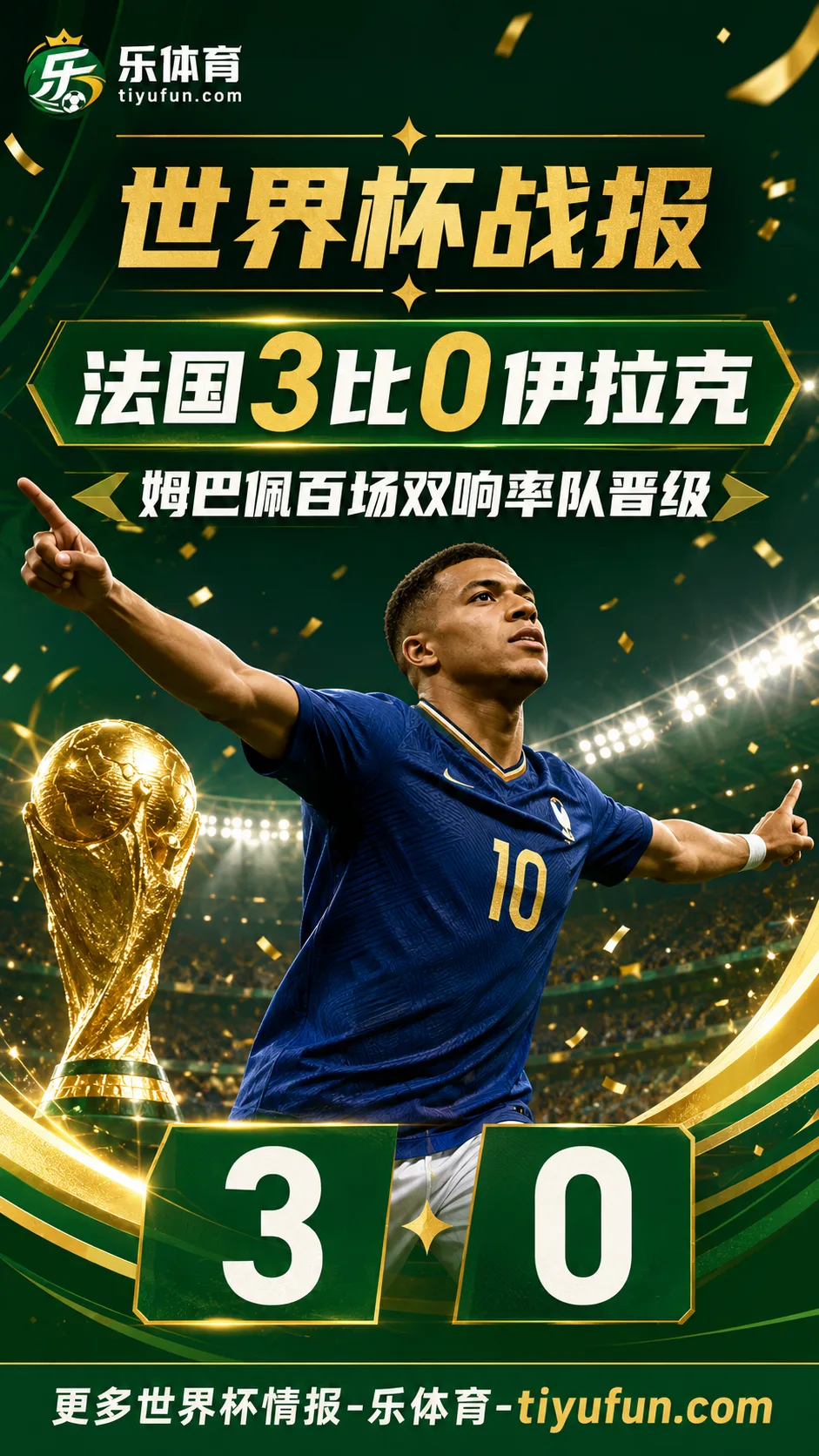 2026世界杯战报：法国3-0伊拉克，姆巴佩百场双响率队晋级