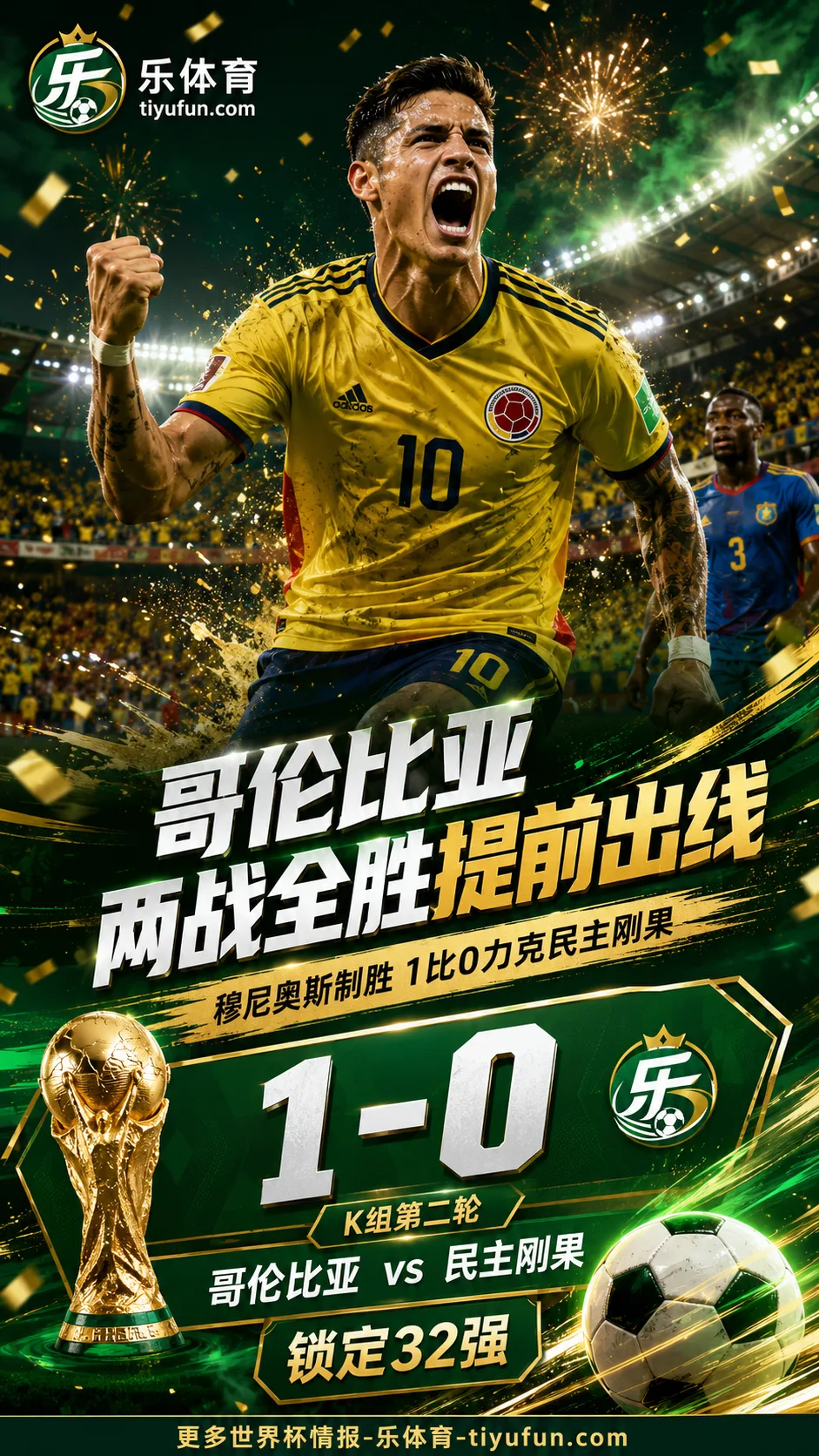 2026世界杯战报：哥伦比亚1-0民主刚果提前晋级32强
