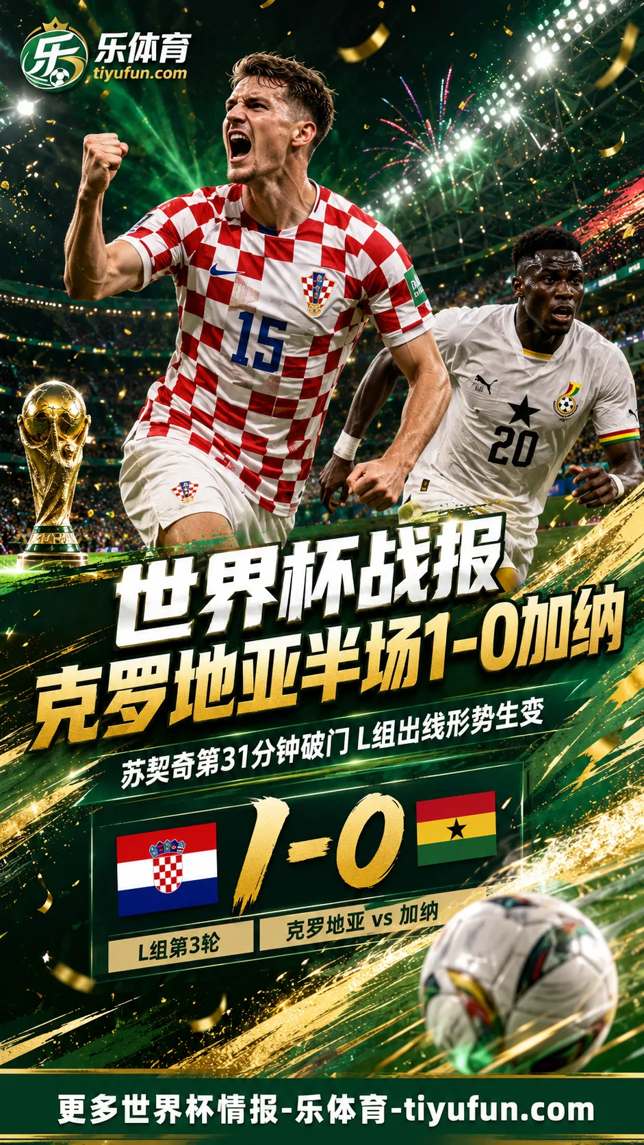 2026世界杯战报：克罗地亚vs加纳半场1-0，苏契奇远射改写L组形势