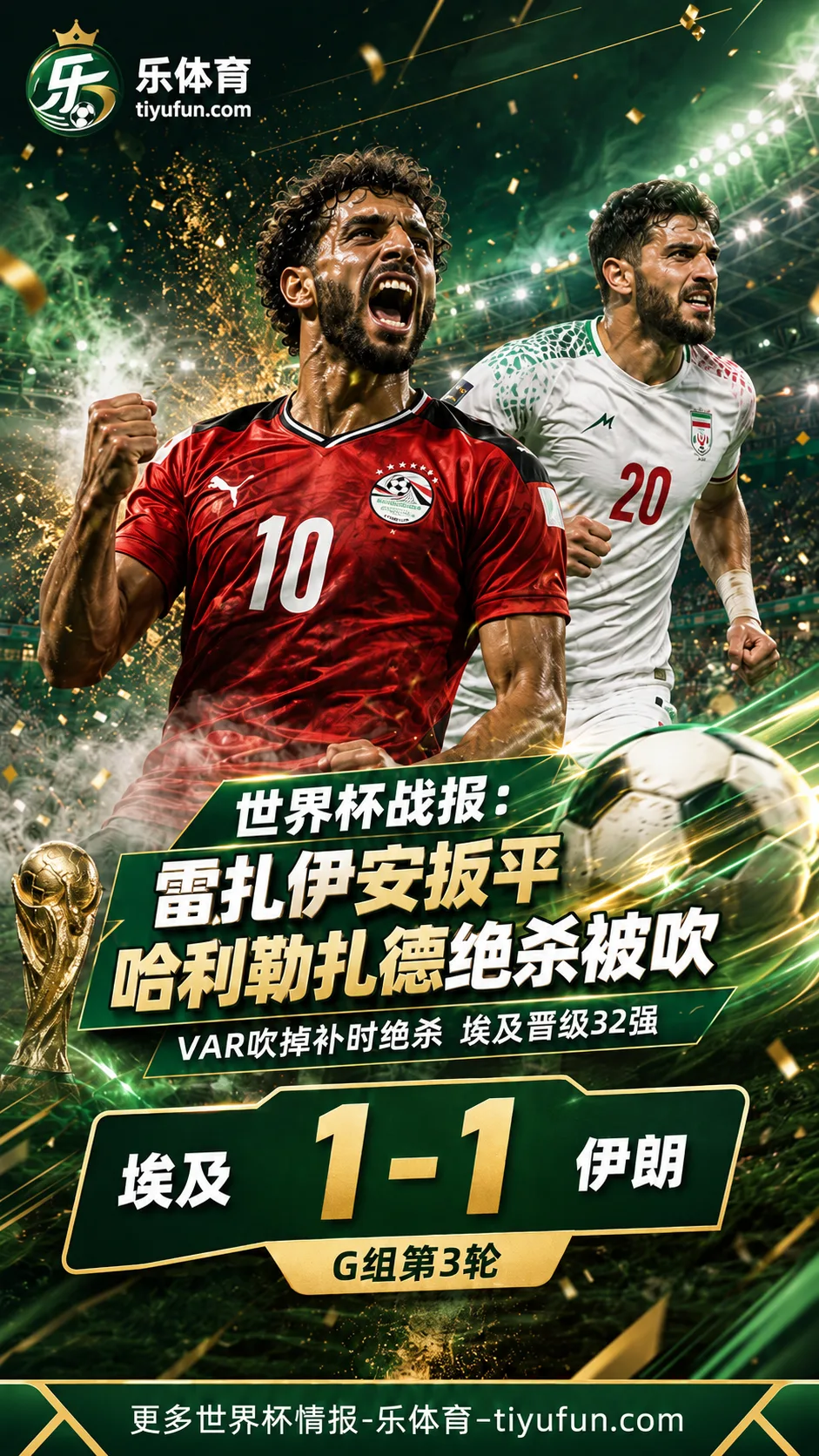 2026世界杯战报：雷扎伊安扳平哈利勒扎德绝杀被吹，埃及1-1伊朗晋级32强