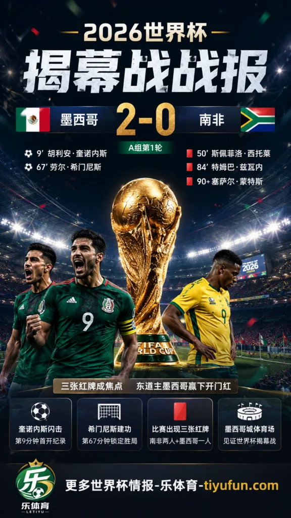 2026世界杯战报：墨西哥2-0南非赢下揭幕战，三张红牌成焦点