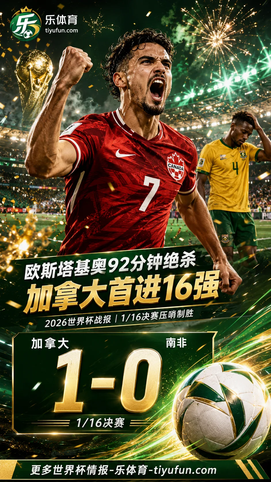 2026世界杯战报：欧斯塔基奥92分钟绝杀，加拿大1-0南非队史首进16强